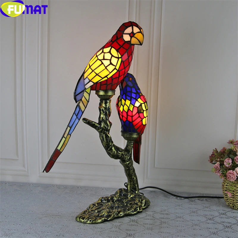 

FUMAT Tiffany Style Parrot Table Lamp Red Green Blue Stained Glass Bird Dimming Switch Desk Night Light Handcraft Art Decor LED