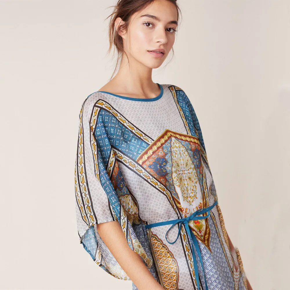 Print Chiffon Beach Cover up Tunics for Long Kaftan Bikini Robe de Plage Sarong Swimsuit coverup #Q874 | Женская одежда