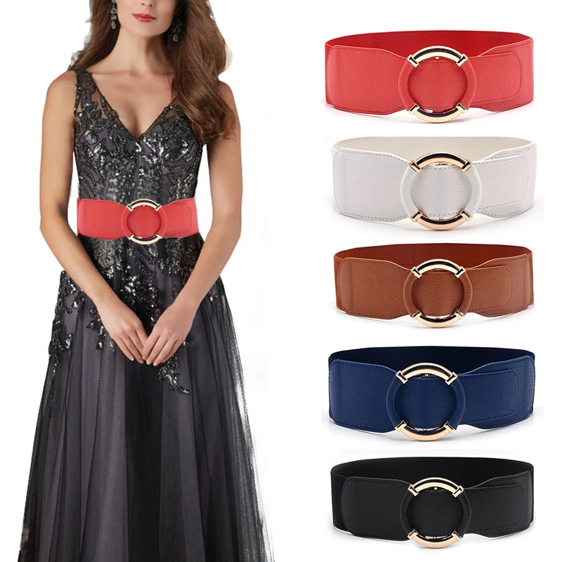 Fashion Women Elastic Stretch Wide Waist Belts Female Gold Circle Buckle Cummerbands for Dress Sweater Clothing Accessories