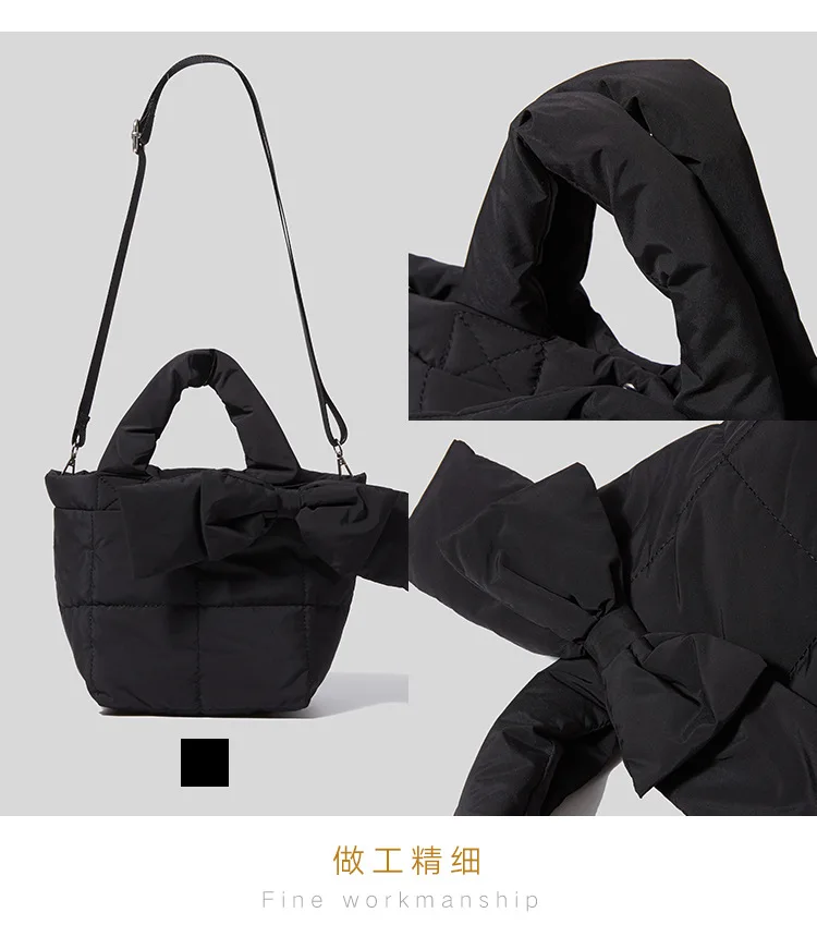 Nylon Bow Tote for Women Down Padded Shoulder Crossbody Bag Winter Handbag Women's Fashion Underarm Bags Casual Purses 2022 Ins