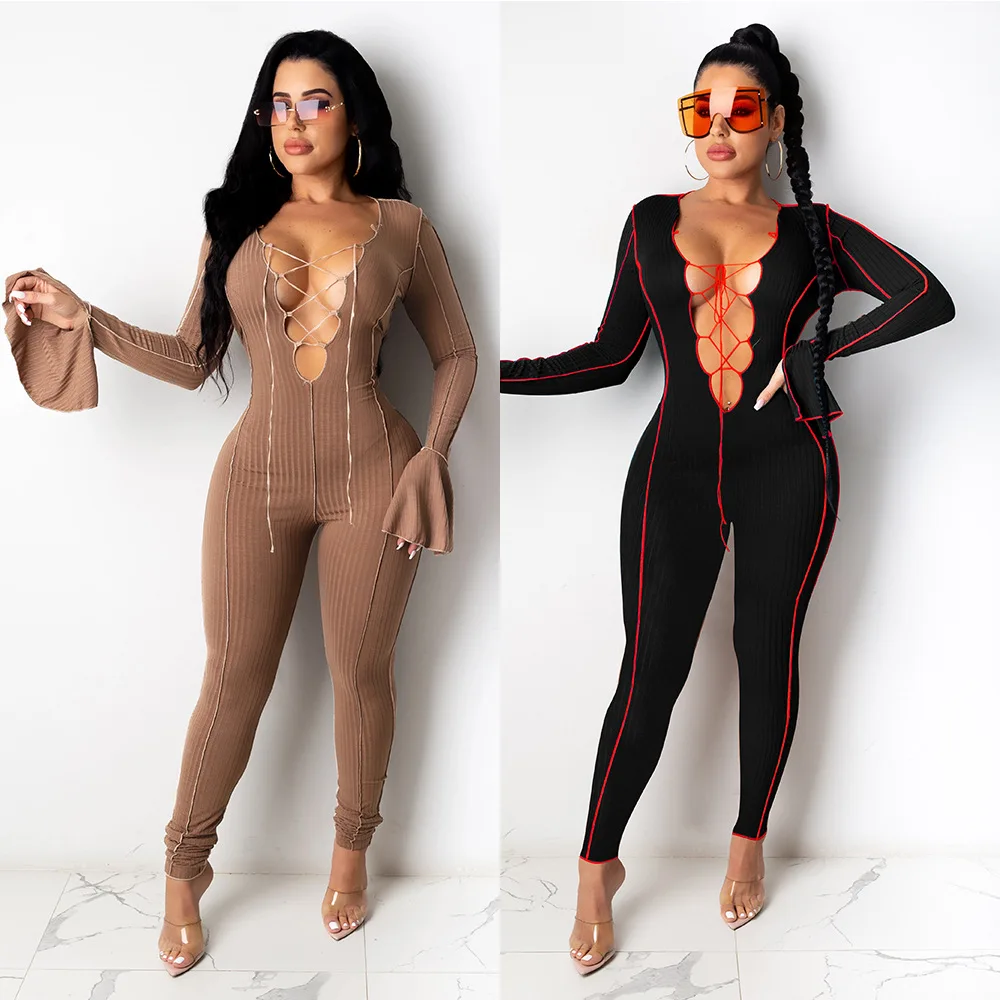 

Striped Patchwork Knit Ribbed Jumpsuit Woman Criss-Cross Lace Up Cut Out Slim Romper Streetwear Long Flare Sleeve Party Overalls