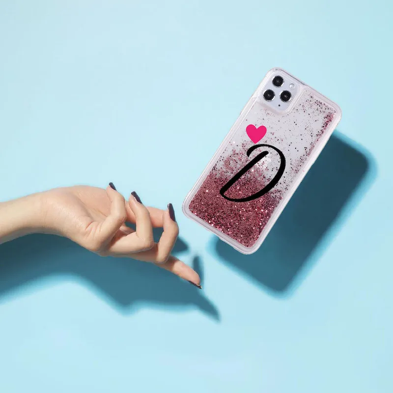 

Custom Initials name A to Z Heart Sparkle Liquid Real Glitter Phone Case Cover for iPhone 11 X XS XR Max Pro 7 8 7Plus 8Plus 6