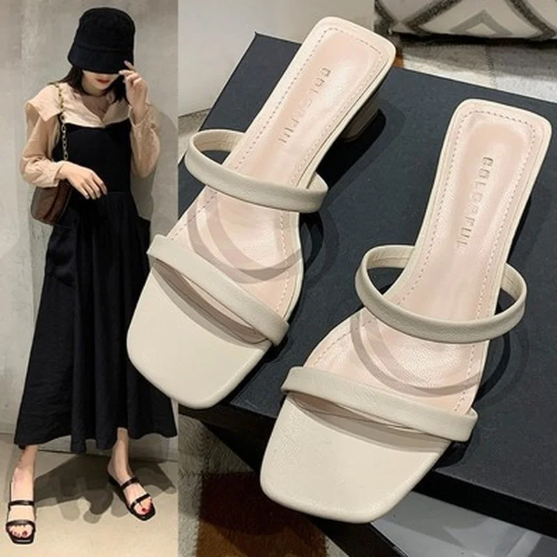 

2021 новые летние женские сандалии с квадратным носком на толстом каблуке; Туфли на высоком каблуке, цвета: черный, синий, бежевый сандалии и т...