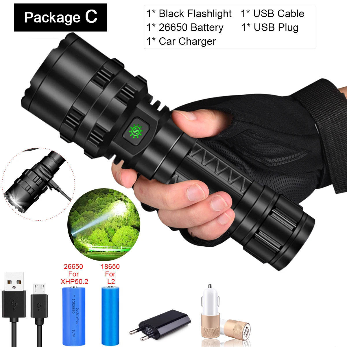 Package C Самый мощный фонарик XHP50.2 светодиодный фонарь Xlamp L2 фонарь Водонепроницаемый светодиодный фонарь охотничий фонарик 18650 26650 аккумулятор - Испускаемый цвет: Package C