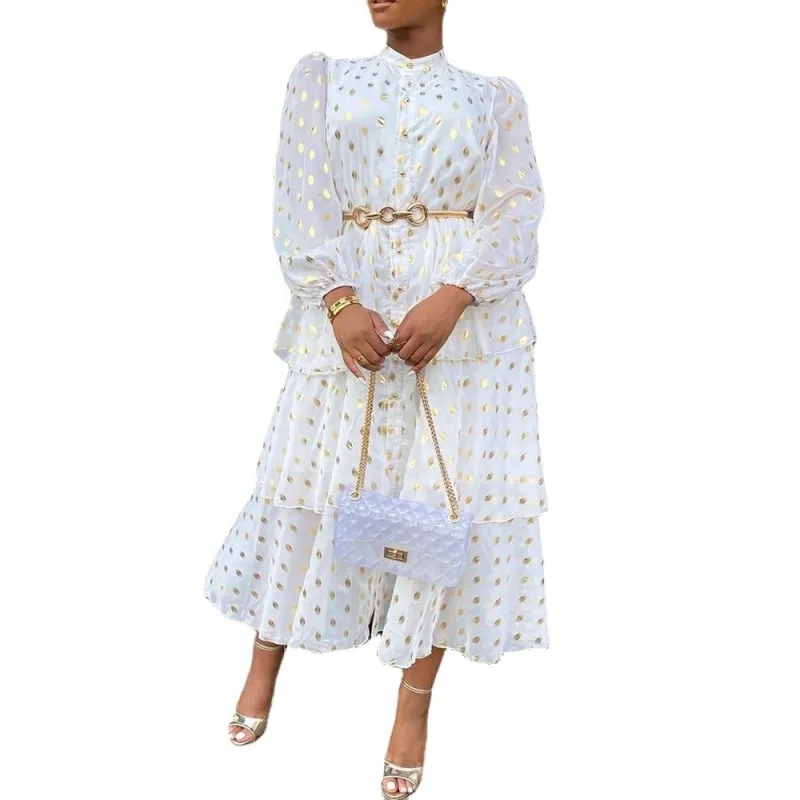 

Шифоновое длинное платье-рубашка, женское Каскадное платье с рюшами и длинным рукавом, модное элегантное офисное платье в Золотой горошек