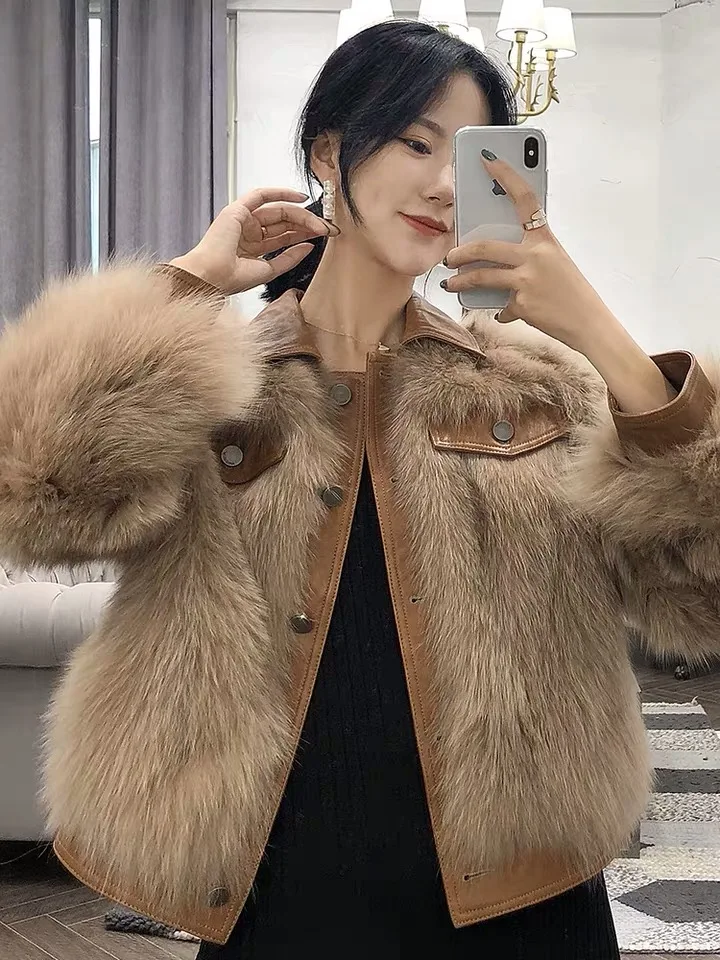 

Женская короткая куртка из овечьей шкуры, Маленькая кожаная куртка с квадратным воротником, Молодежная модная облегающая куртка из лисьего...