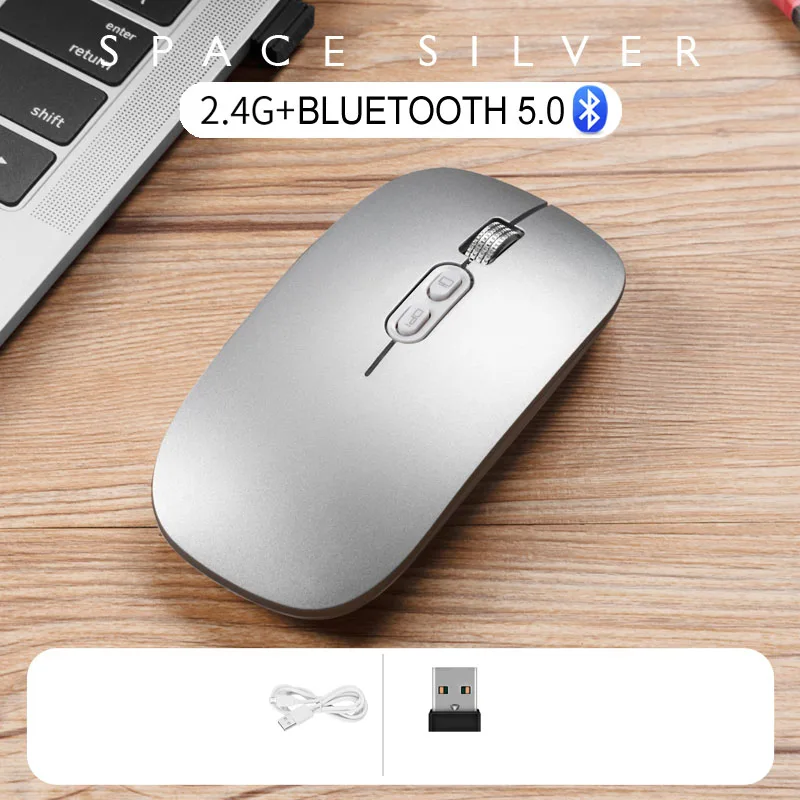 Space Silver Элегантная перезаряжаемая Bluetooth 5,0 Беспроводная Бесшумная оптическая мышь с двойным режимом 2,4G Бесшумная эргономичная мышь для ноутбука - Цвет: Space Silver