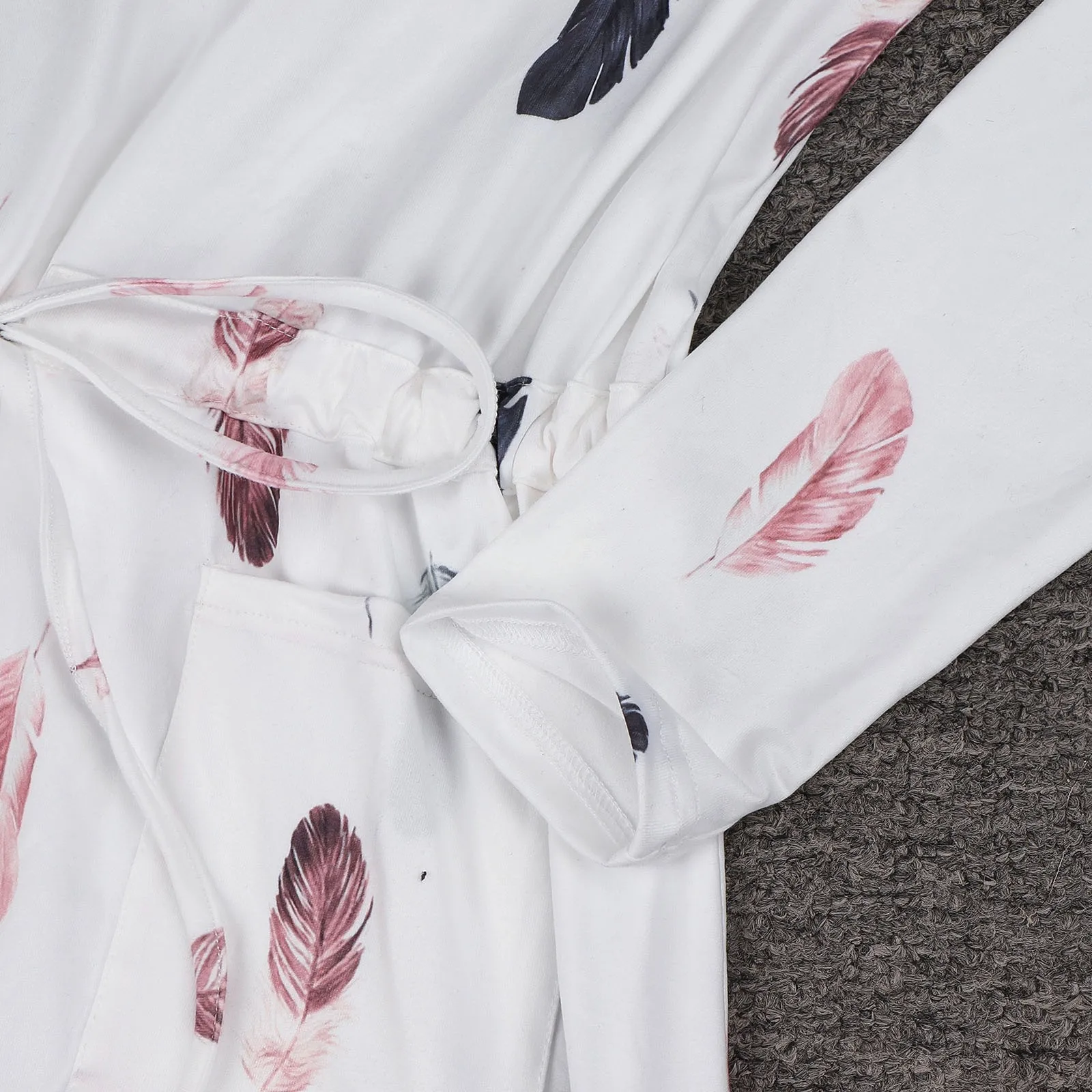 

SAGACE Women's Autumn Long Sleeves V-neck Feather Prints Waist Drawstring Mini Dress Women's Fashion Dress #G