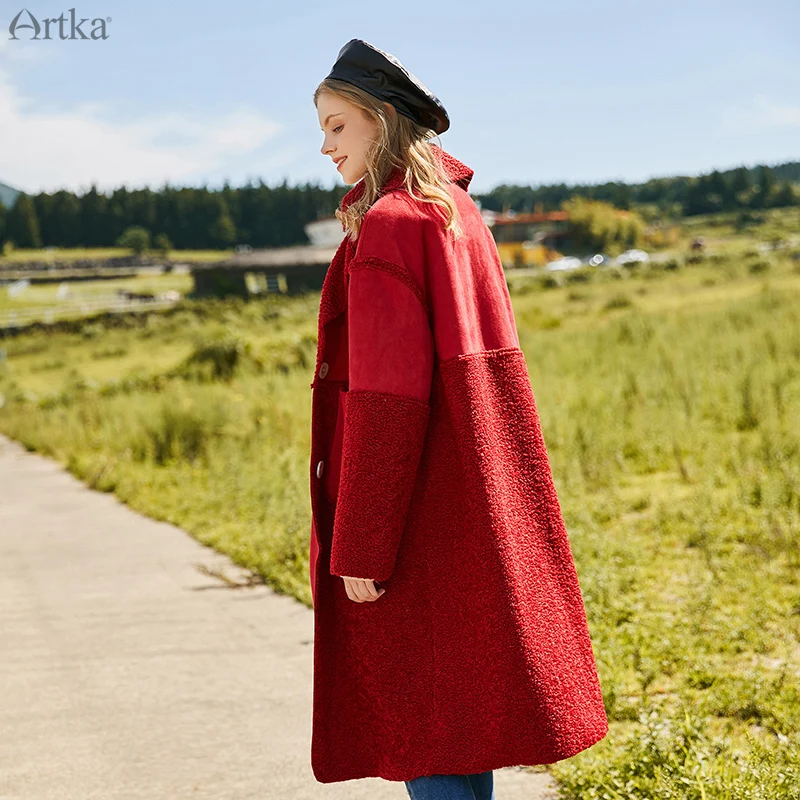 ARTKA, зимнее Новое Женское пальто, винтажное, красное, имитация норки, овечья шерсть, комбинированное, плотное пальто, однобортное, теплое, длинное, верхняя одежда, WA15099D