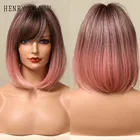 Женский Короткий прямой парик с челкой henmargu, парик с коротким Бобом, термостойкие синтетические волосы с эффектом омбре коричневого и розового цвета для вечеринки в стиле Лолиты, длина плеч