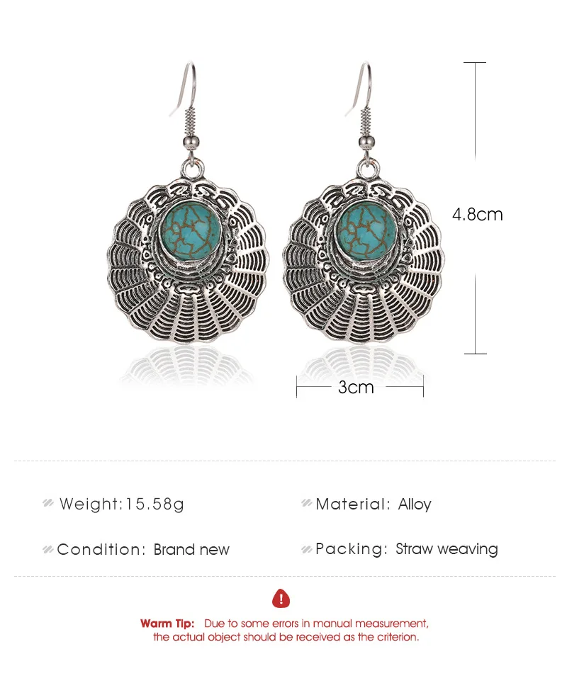 

Silver Plated Green Court Style Natural Blue Stone Geometry Sector Retro Textures Women Metallic Dangle Earrings Drop Earrings