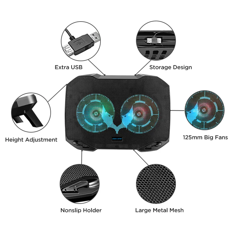 popupine gaming laptop cooler with 2 quiet big fans rgb 7 color light change portable usb laptop cooling pad 11 to 15 6 inch free global shipping