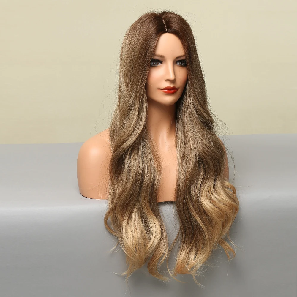 EASIHAIR Long Medium Brown Ombre Synthetic Wig for Women Wavy Wigs Middle Part Natural Soft Hair Wig Cosplay Heat Resistant