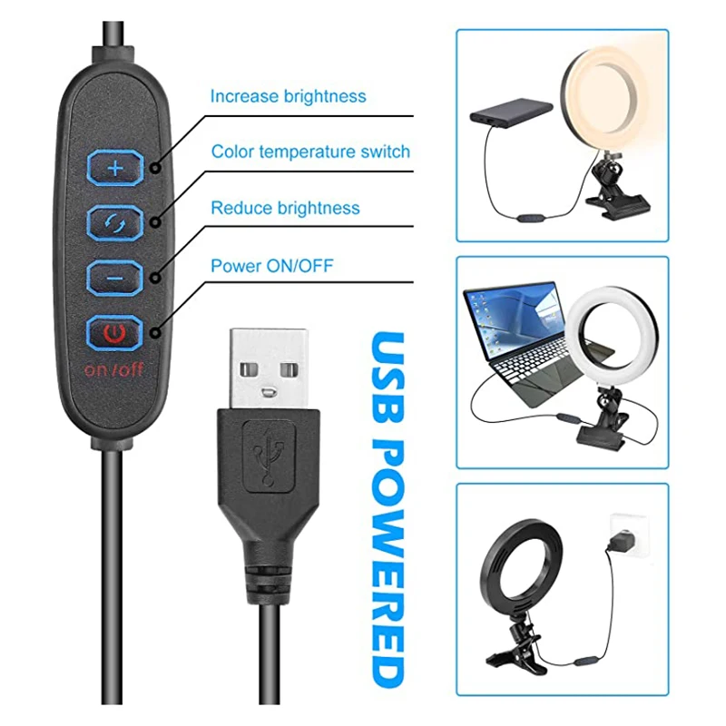 

Video Conference Lighting 6" 4.5" Selfie LED Ring Light with Clip 3 Light Modes USB Dimmable Webcam Live Stream Light VC