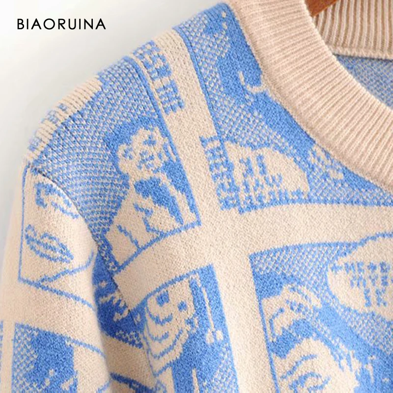 BIAORUINA, Женский жаккардовый Повседневный вязаный комплект из двух предметов с рисунком, базовый свитер, пуловер+ модная прямая вязаная юбка