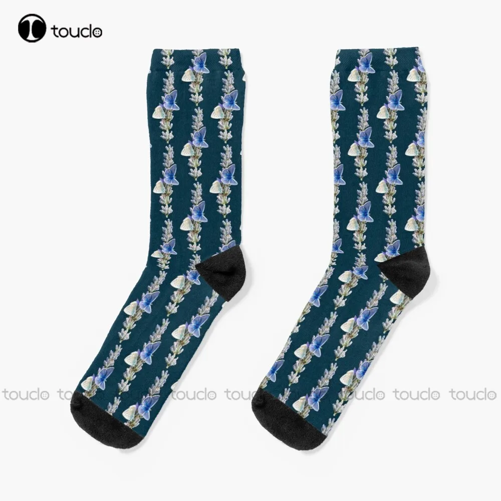 

Gift Idea Blue Butterflies On Lavender Socks Socks Womens Personalized Custom Unisex Adult Teen Youth Socks 360° Digital Print