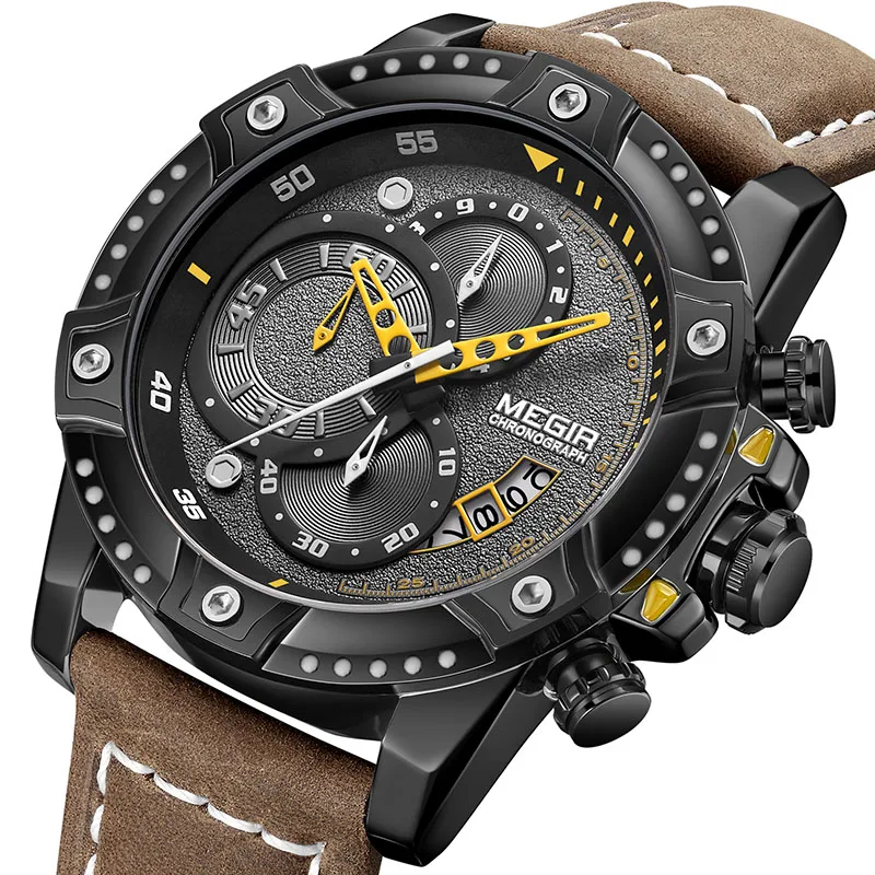 Часы MEGIR Мужские кварцевые с хронографом спортивные наручные кожаным ремешком