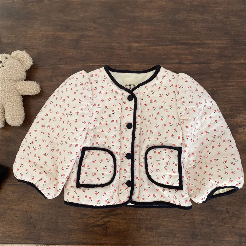 Детское зимнее пальто с хлопковой подкладкой цветочным принтом - купить по