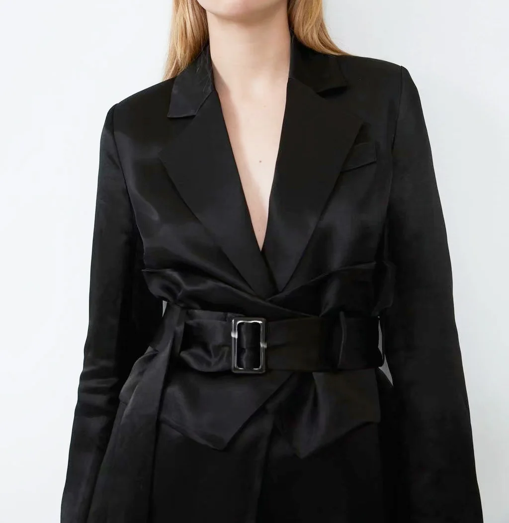Star firefly solid color one buckle belt satin suit female silk satin texture casual suit elegant office business women