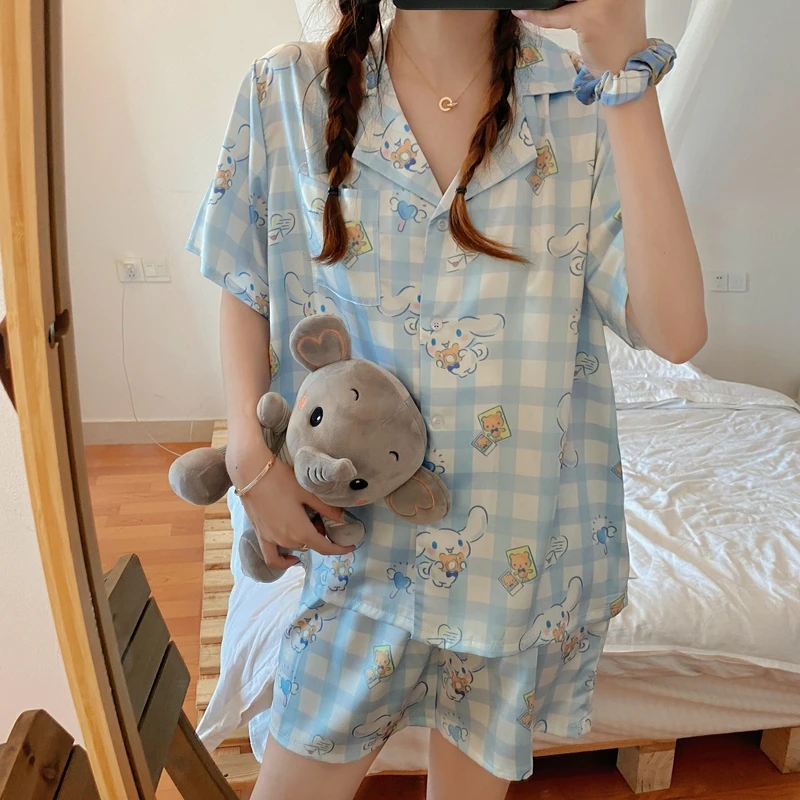 

Womens Cute Cartoon Pajamas Set Turn-down Collar Pyjamas Short Sleeves Suit Soft Female Sleepwear Summer Homewear Home Services