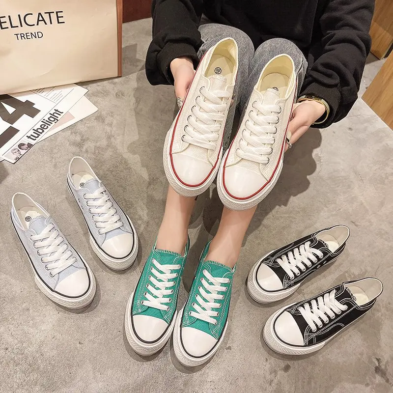 

Candy Color Canvas Flat Shoes Women Sneakers Casual White Black Flats Simple Classic Lace-up Zapatos Green Spring Espadrilles