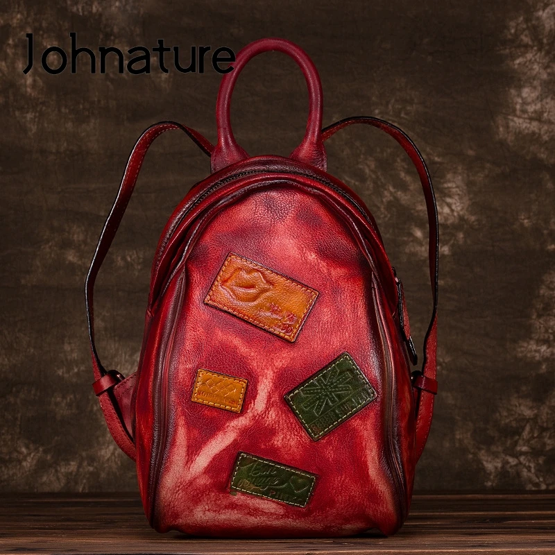 

Johnature Handmade Genuine Leather Vintage High Quality Women Backpack 2021 New Retro Cowhide Shoulder Bag Small Travel Backpack