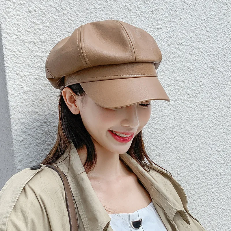 

Leather octagonal hat Arrive Women Gatsby Cap Octagonal Baker Peaked Beret Driving Hat Female Sunscreen Hats Painter Tour cap