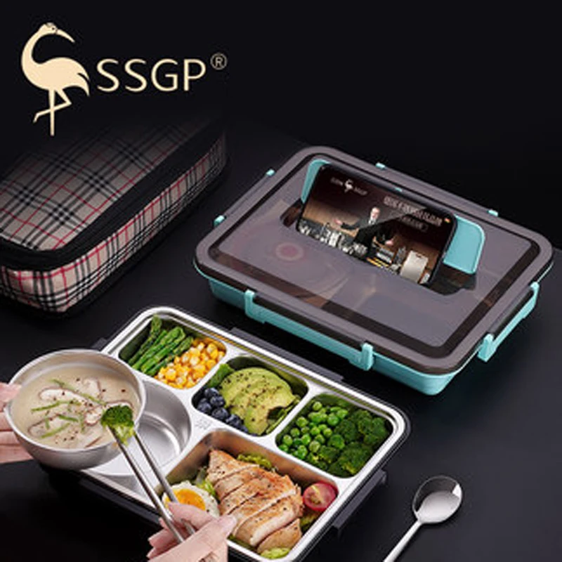 

SSGP Bento Lunch Box For Kid Women 304 Stainless Steel Divided 4\5 Compartments Leakproof Container Lunch Bag Spoon Chopst