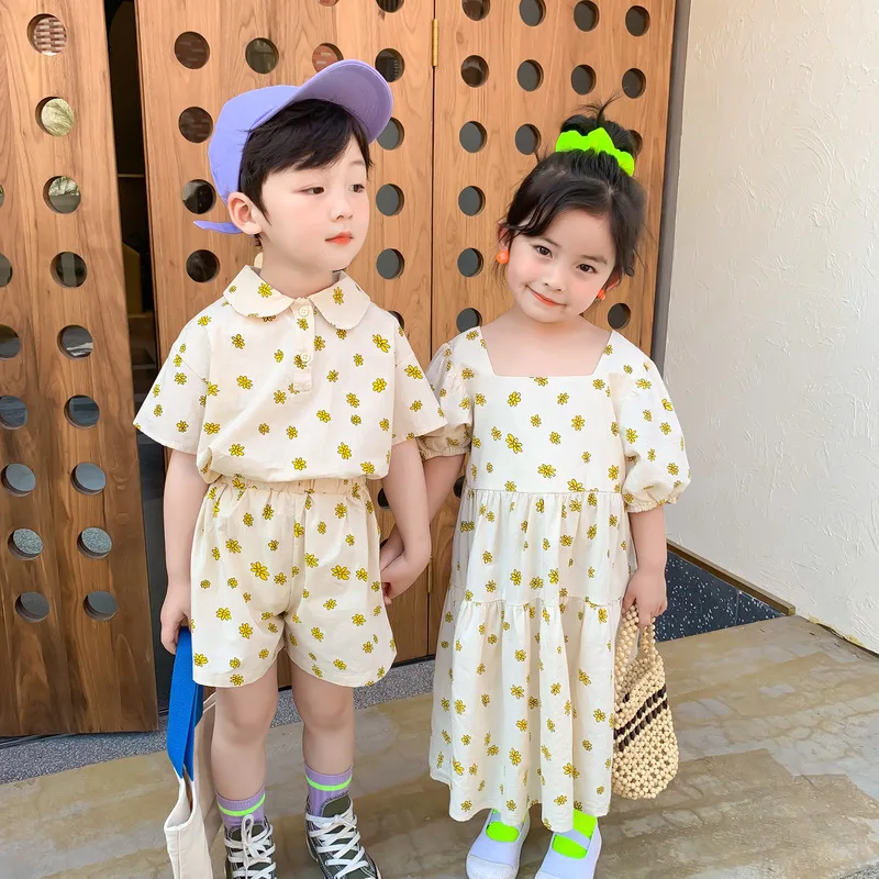 Summer fashion brother and sister clothing Korean style girls chrysanthemum casual long dress boys clothes sets | Мать и ребенок