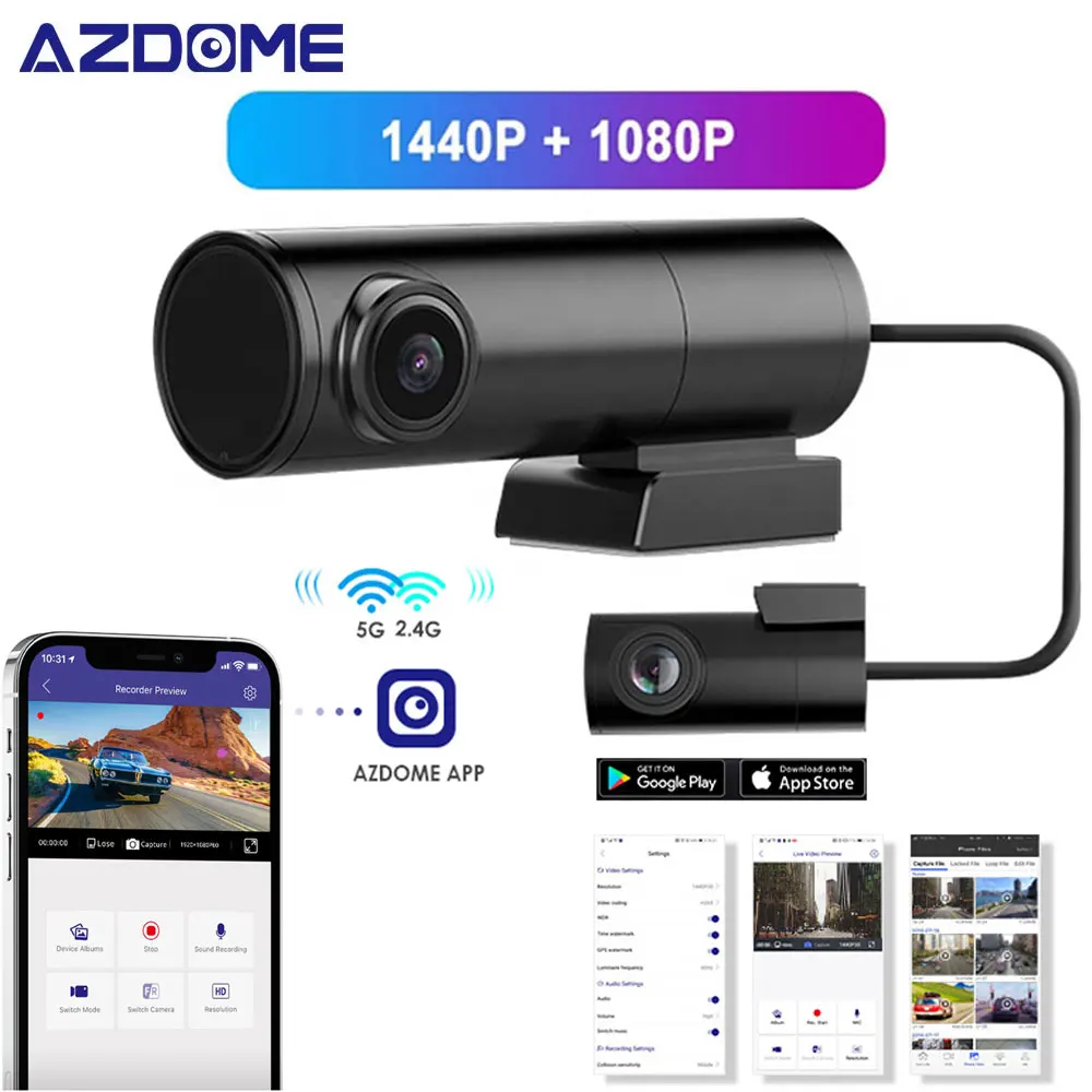 AZDOME Dash cam front and rear 2K 1440P Car dvr with GPS Wi-Fi car camera video Recorder Reverse camera 24H Parking Monitoring
