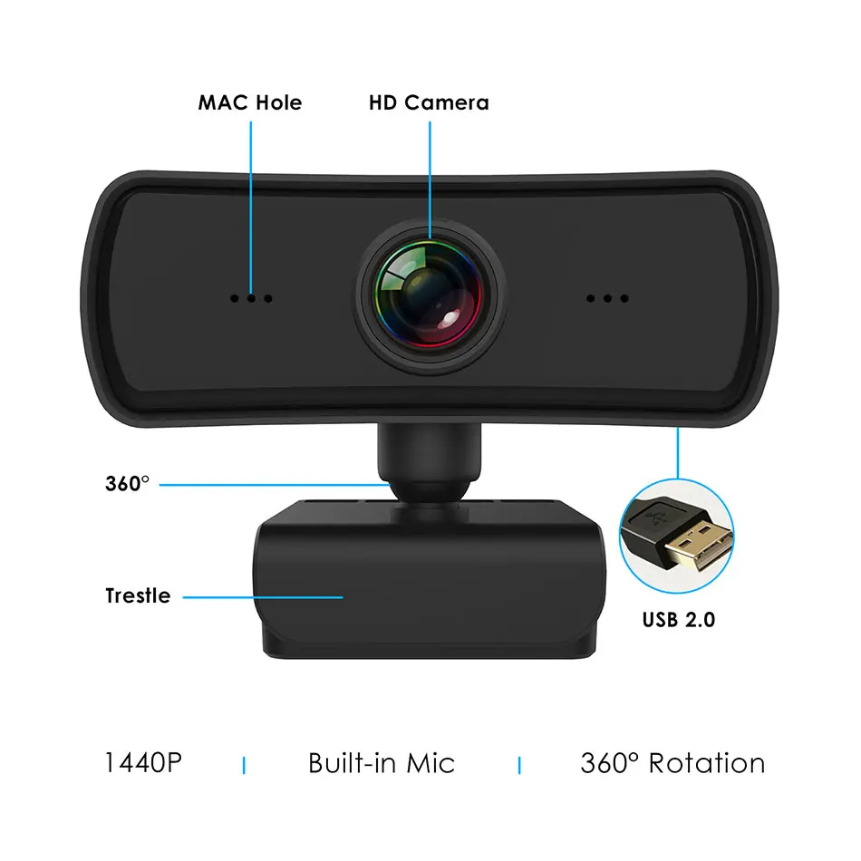 2K веб камера USB 2560x1440P Ультра HD Встроенный микрофон 360 Вращение ПК для видеозвонков