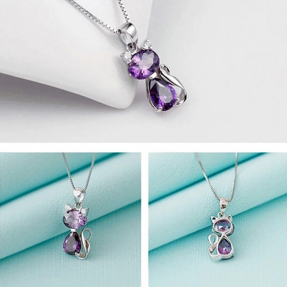 

925 Sterling Silver Fine Jewelry with Gift Platinum Cute Cat Crystal Pendant Necklace ( No Chain)