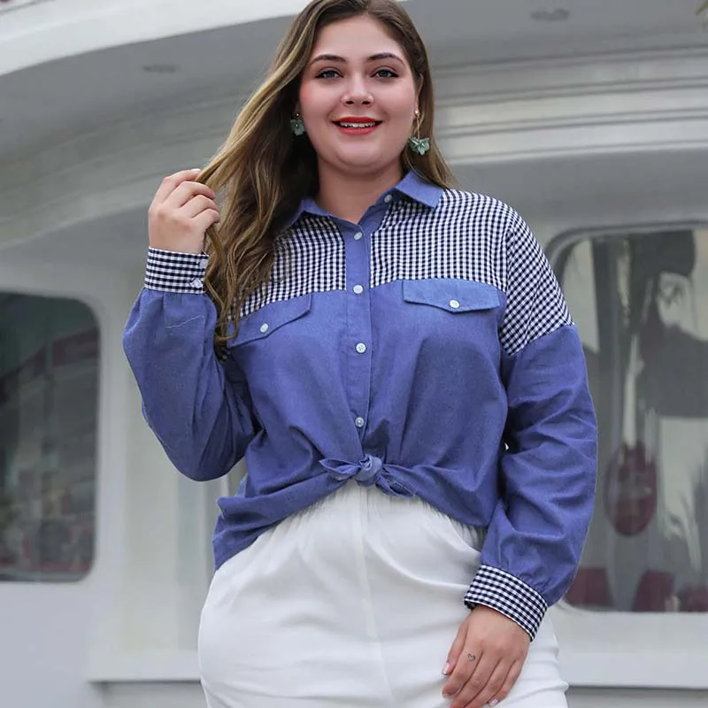 Блузка WHZHM женская джинсовая в клетку свободная винтажная голубая рубашка с