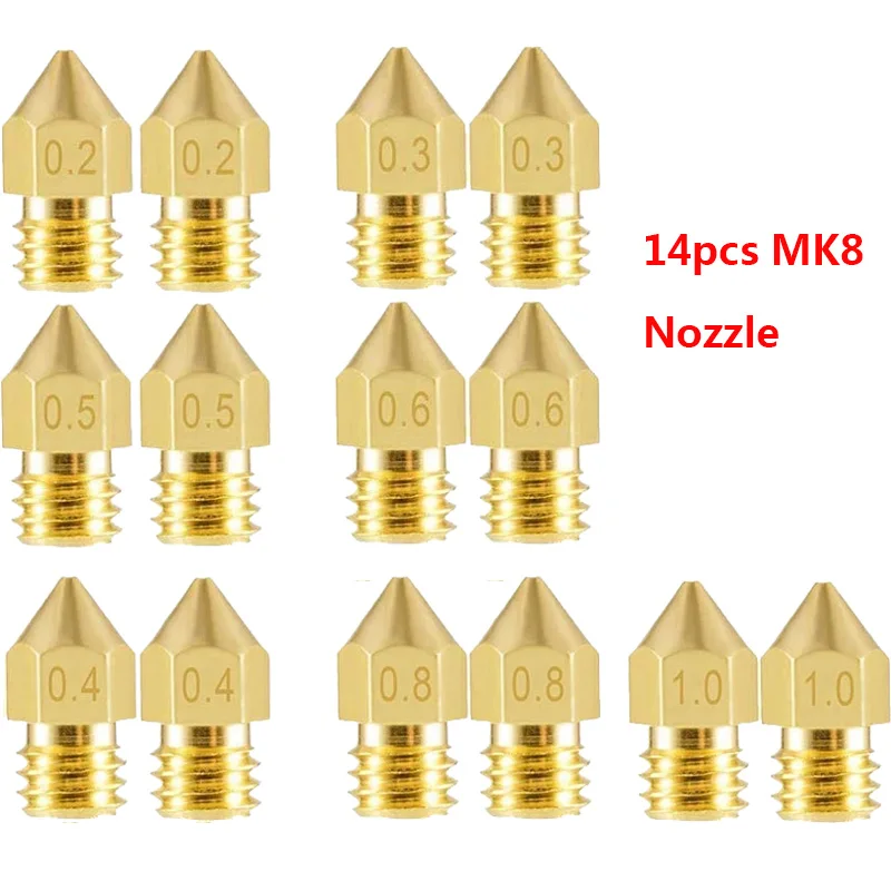 

14PCS MK8 Nozzle 0.2mm 0.3mm 0.4mm 0.5mm 0.6mm 0.8mm 1.0mm 1.75mm 3D Printer Extruder Kit for Makerbot Creality CR10 Ender 3 5