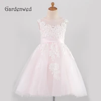 simple light pink lace flower girl dresses scoop short tulle girl wedding party dresses appliques belt buttons communion dresses