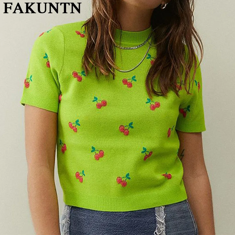 

y2k 2021 Summer New T shirt Knit Crop Top Women Harajuku Kawaii Tops Embroidery Women's Vintage Tee Short Sleeve T-shirt