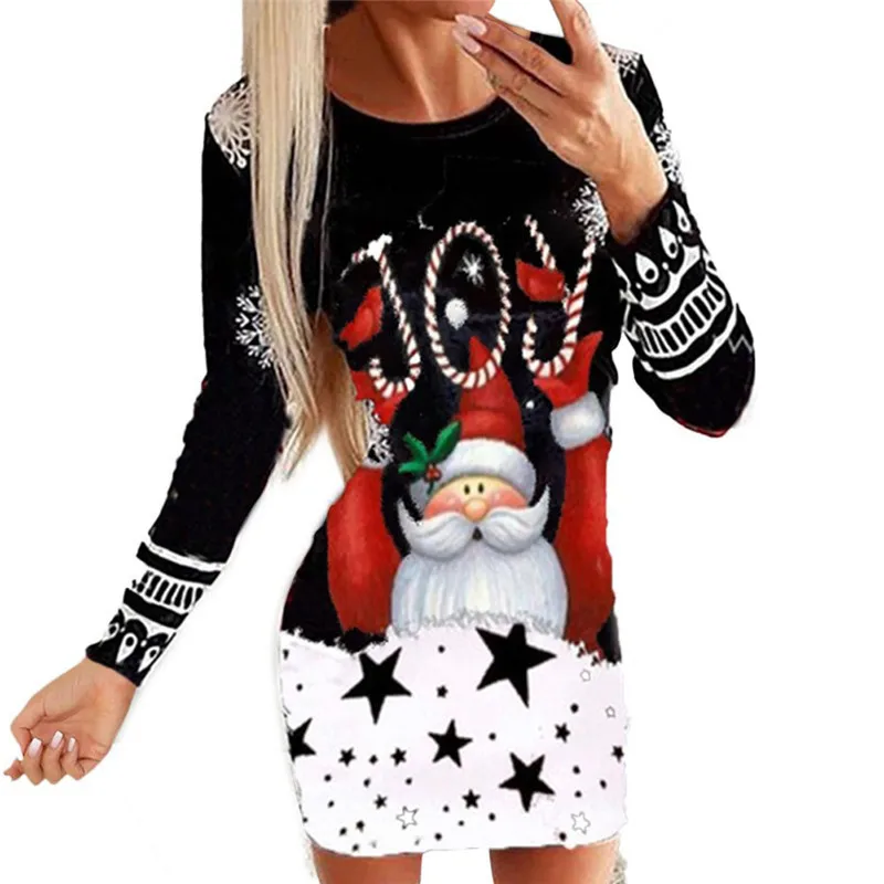 

Christmas Dress Funny Cute Cartoon Print Slim Women Dress New Year Party Casual Long Sleeve O-Neck Bodycon Mini Dresses Vestidos