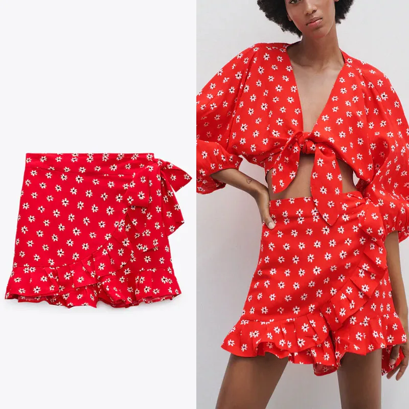 

Za 2021 Summer Women Print Red Ruffle Shorts Vintage Pareo Wrap High Waist Short Pants Fashion Back Zip Female Causal Shorts