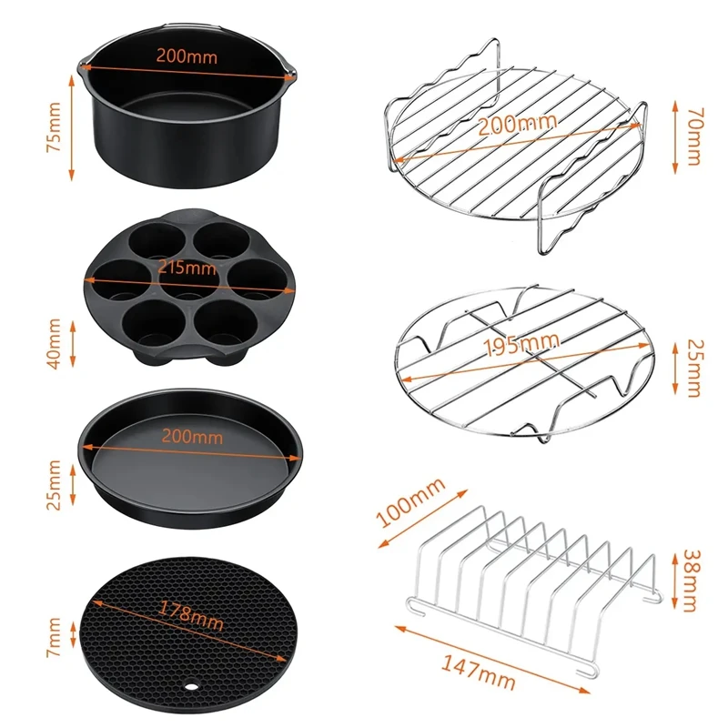 

7Pcs Air Fryer Accessories Set Chips Baking Basket Pizza Pan Home Kitchen Tool