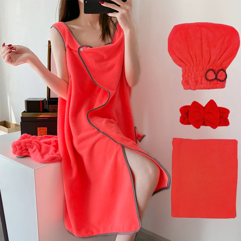 

Wearable Bath Towel Female Adult Sling Coral Fleece Super Thick Absorbent Soft Bathrobe Shower Cap Towel Set Pajamas
