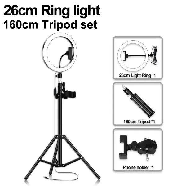 26cm type 160cm Светодиодный кольцевой светильник 16/20/26 см 5600K 64 светодиодный s селфи кольцо для фотосъемки с лампами светильник ing с штатив с держателем для телефона и usb-разъем для студийной фотосъемки - Цвет: 26cm type 160cm
