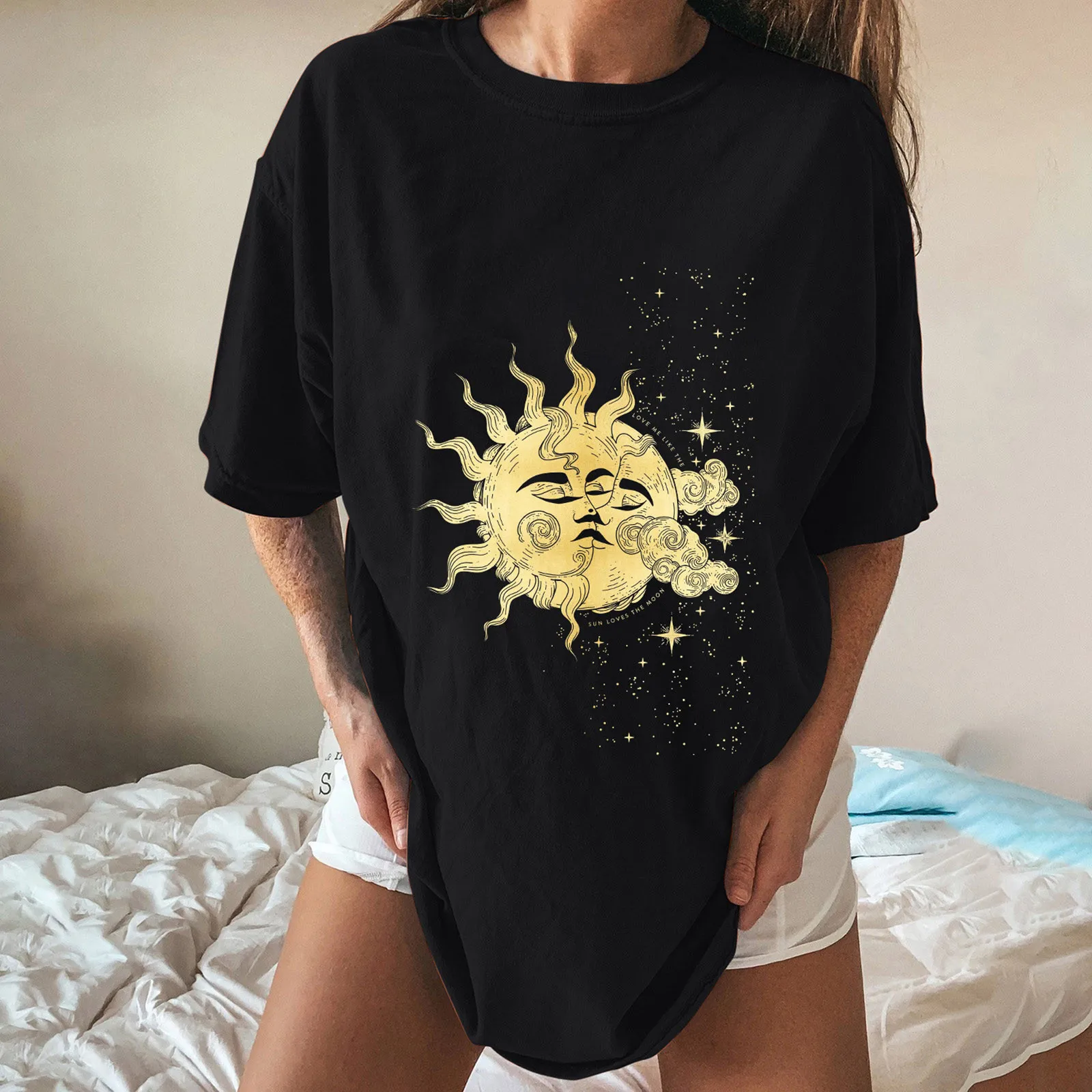 

Womail T-shirt woman tshirts oversized t shirt girls Women Vintage Sun And Moon Printed Pattern Casual Short Sleeve Tops Blouse