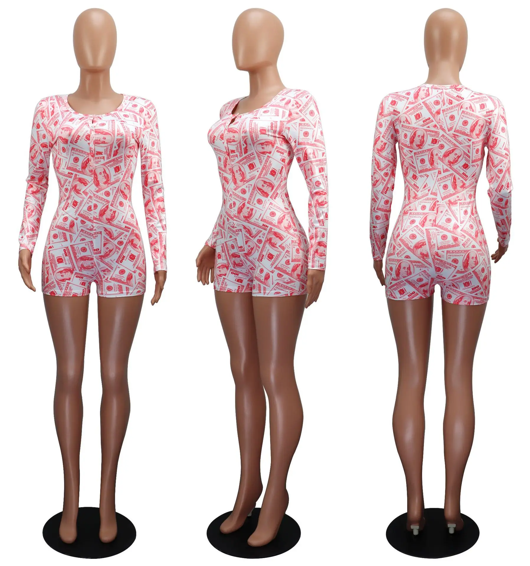 

Zoctuo Dollar Print Short Rompers and Jumpsuits for Women 2020 Women V-Neck Playsuit for Clubwear Long Sleeve Lady Sexy Jumpsuit