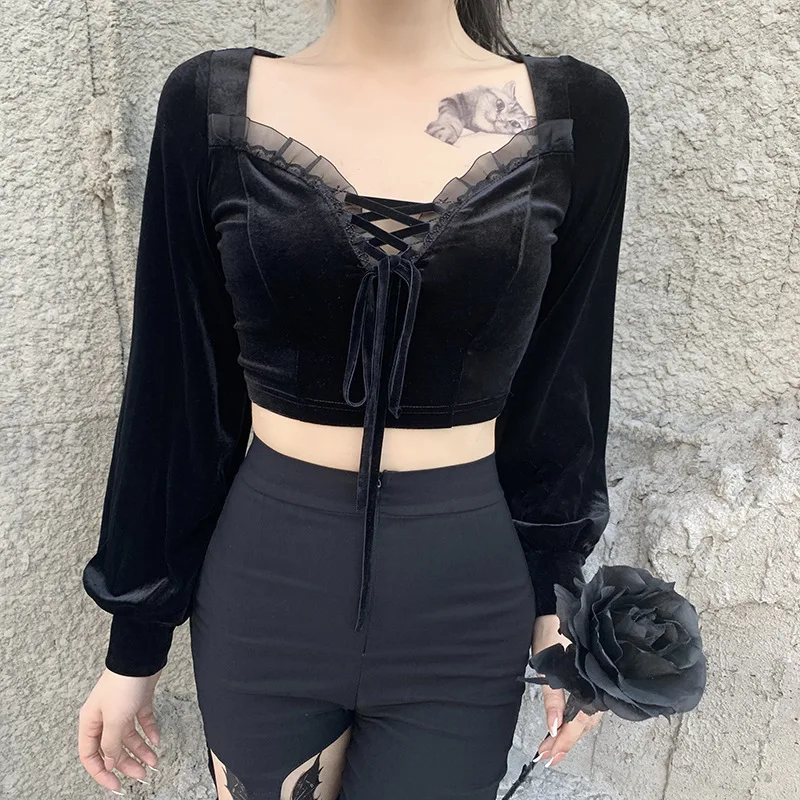 

Goth Dark Gothic Aesthetic Vintage Women Black Harajuku Velvet Lace Bustier Crop Top Elegant Bandage Clothes