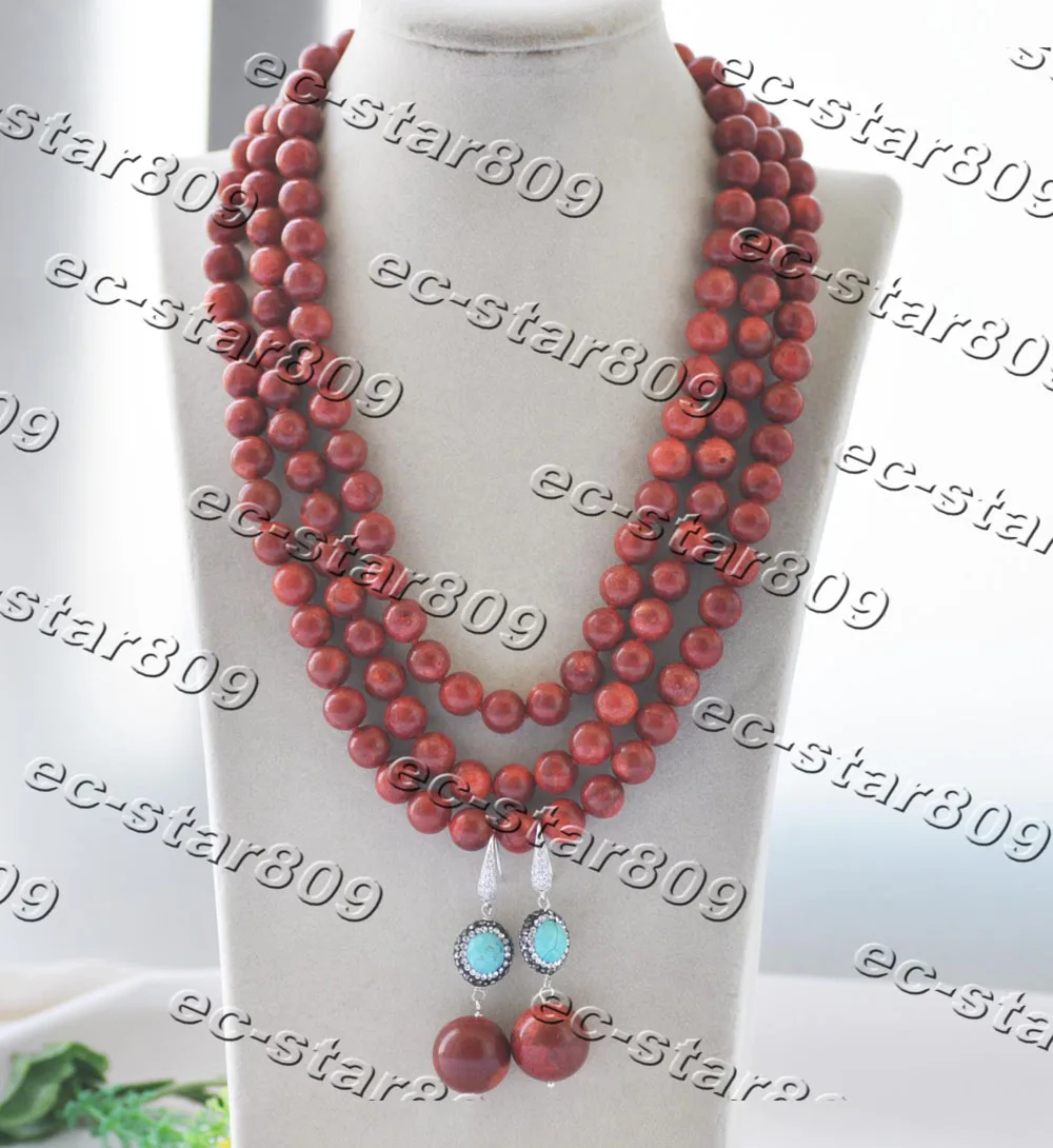 

Z11287 3Row 20" 10mm Round Red Coral Bead Necklace Earring Turquoise Women Fashion Jewelry
