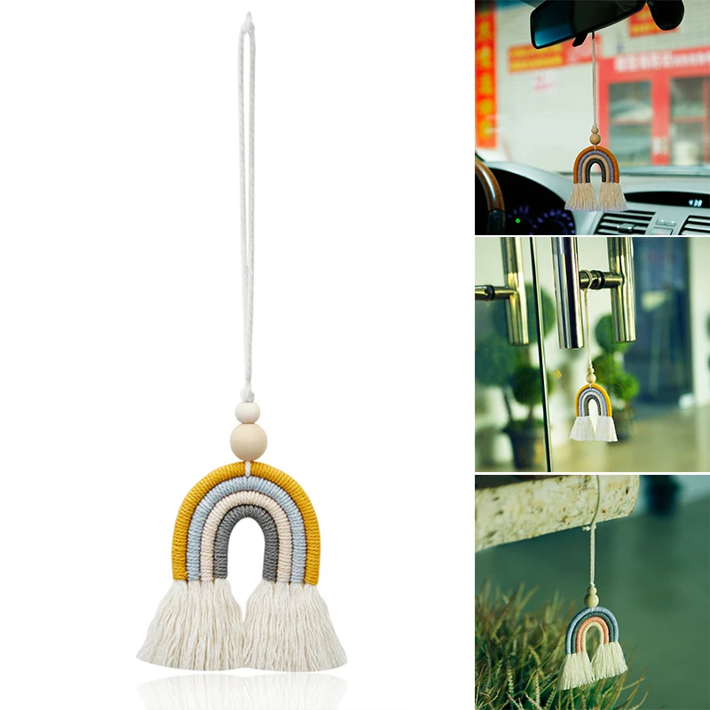 

2021 Rear View Mirrior Pendant Handmade Cotton Rainbow Tassel Car Diffuser Hanging Keychain Car Interior Decor for Vehicle @LS
