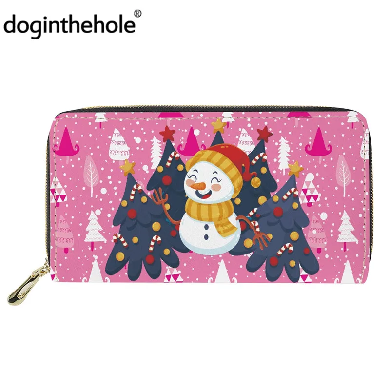 

Doginthehole Women Christmas Leather Wallet Teen Girl Snowman Print Pink Cute Casual Long Clutch Purses New Year Card Holder