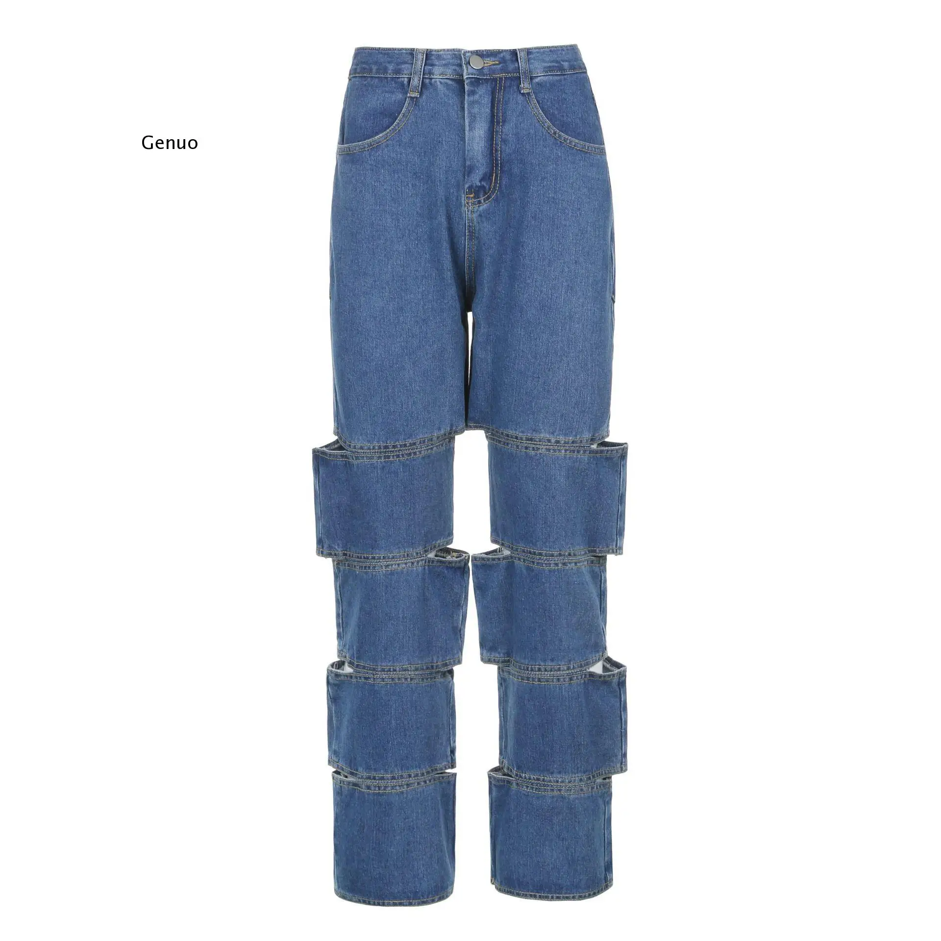 

England Preppy Style Straight Jeans Women Casual Baggy Wide Leg Streetwear Pants Girls' 90s High Waist Hole Denim Pants