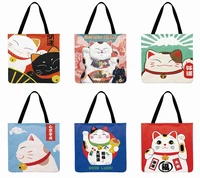 japanese lucky cat printed tote bag linen febric casual tote foldable shoulder shopping bag bag reusable women beach bag
