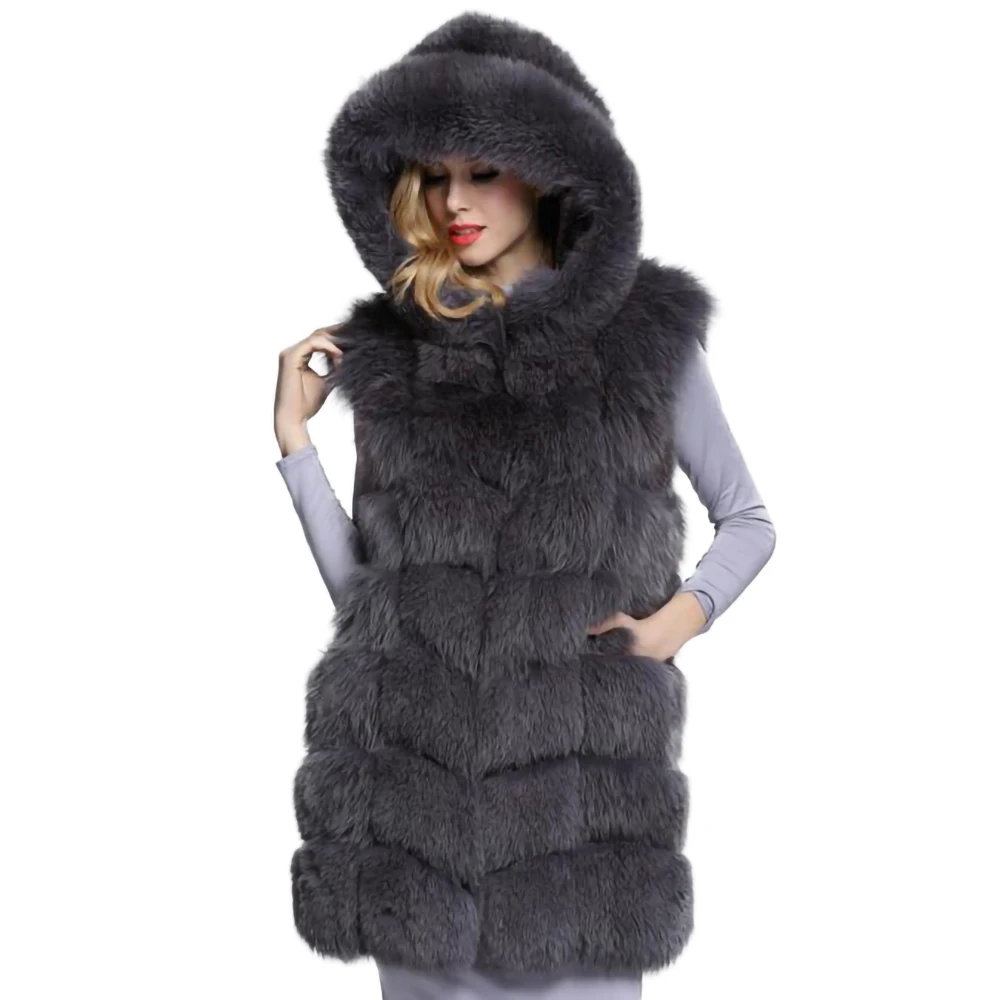 Жилет TOPFUR из натурального Лисьего меха с капюшоном длиной 80 см | Женская одежда